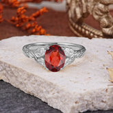 Vintage Leaf 4-Prong Oval Garnet Engagement Ring for Women